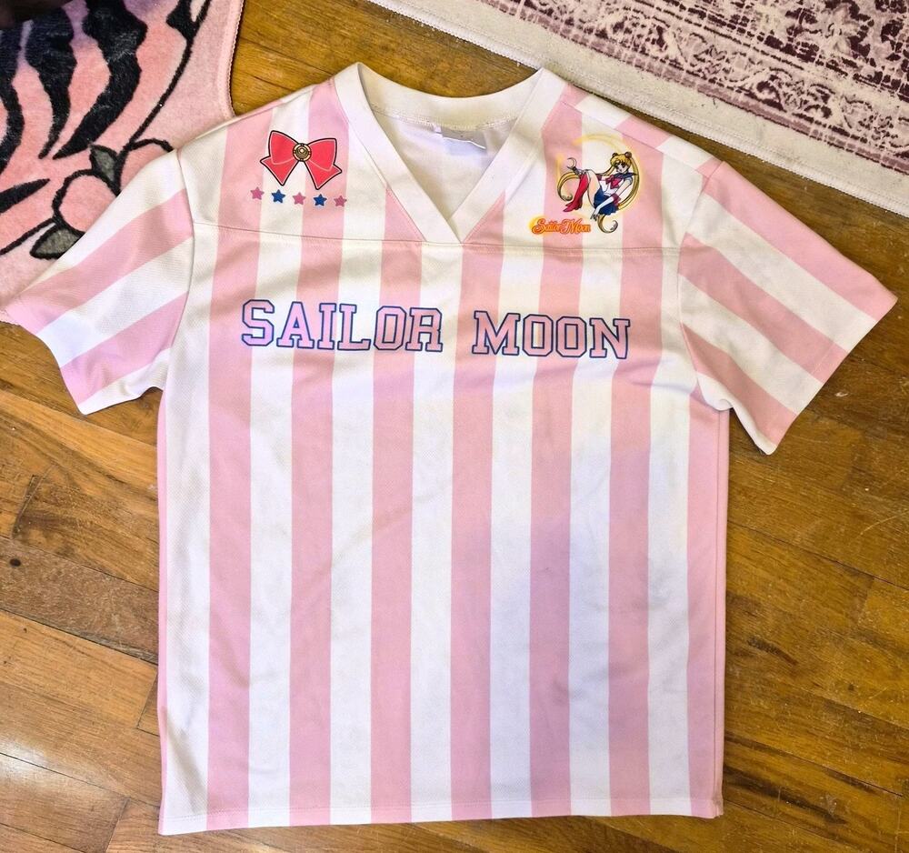 Sailor Moon Women’s S Small Pink White Striped Short Sleeve Sport Jersey T-Shirt